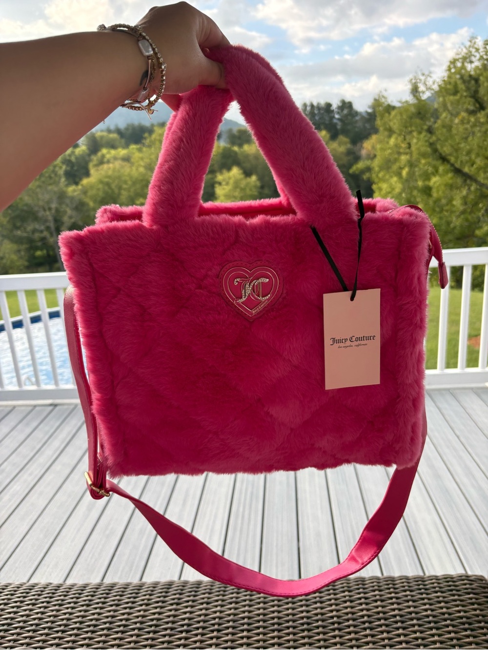 Juicy Couture Hot Pink Faux-Fur Shoulder Tote with Heart Logo